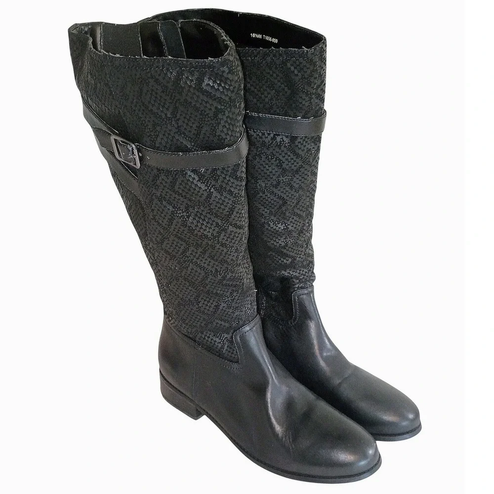 Trotters Black Snakeskin Textured Tall‎ Riding Boots Side Zip Buckle 10.5M